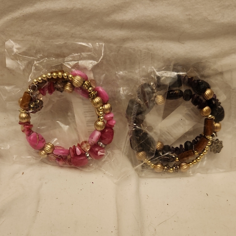 Vibrant Pink and Gold And Black And Gold Wrapped Wire Beaded Bracelets